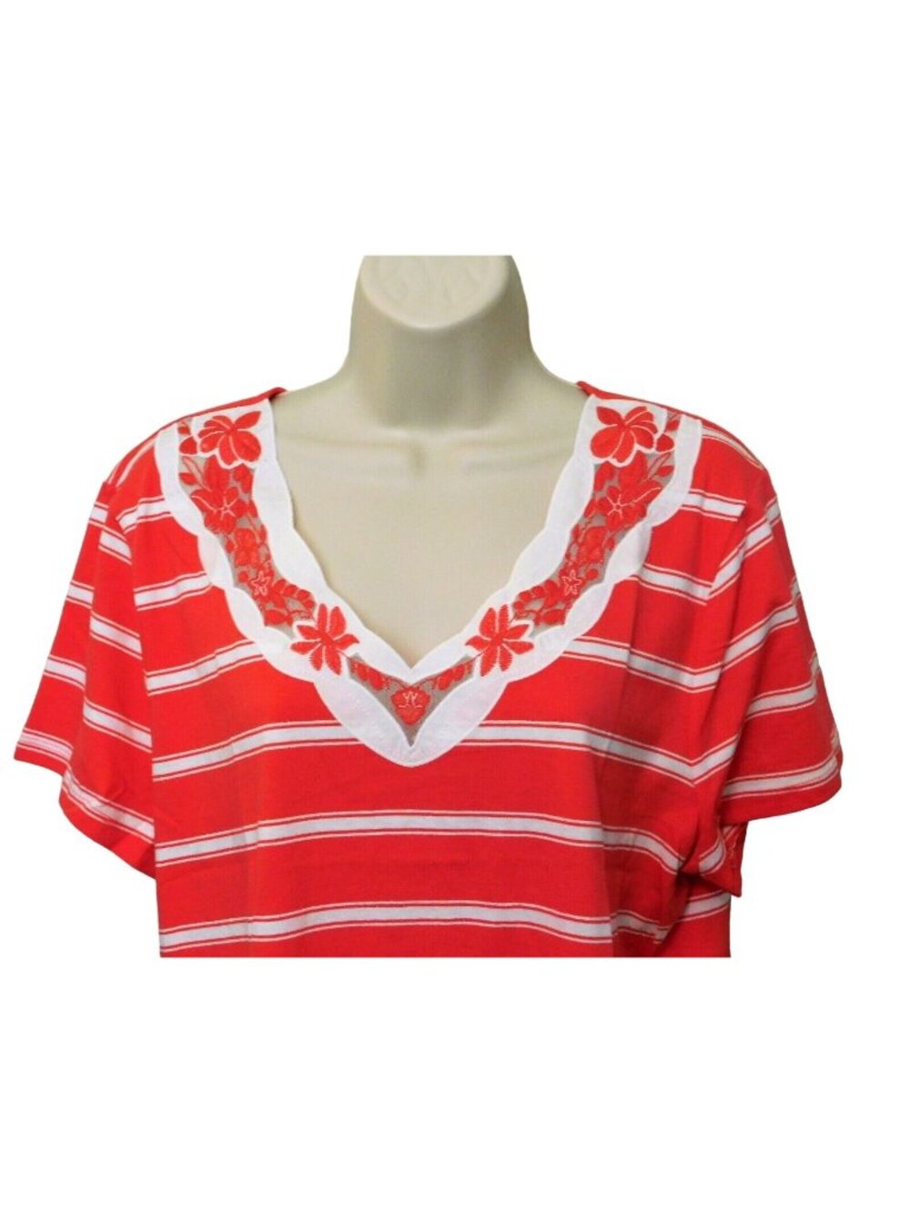 Croft and Barrow Top XL Dark Pink White Stripe Lace Trim Short Sleeve NEW